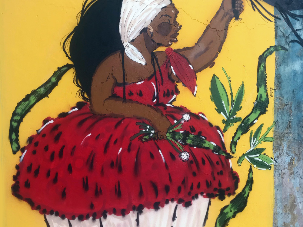 A imagem mostra um mural pintado pela artista Mari Flo Canuto. A pintura apresenta uma mulher negra segurando algumas ervas e itens de benzimento. Seus cabelos são longos e ela usa roupas similares a filhas de santo do Candomblé.