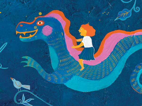 A ilustração, com predomínio do azul, tem o desenho de uma menina voando com um dragão, uma borboleta, pássaros e folhas.