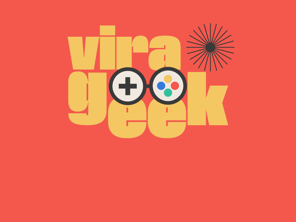 A imagem mostra a identidade visual do Vira Geek, espaço da Virada Cultural de Belo Horizonte 2021 responsável pelos eventos de games e cosplay. O título “Vira Geek” está escrito na cor amarela com um desenho de uma manete de videogame. Acima da letra “K”, de “geek”, um elemento gráfico semelhante a um asterisco.  