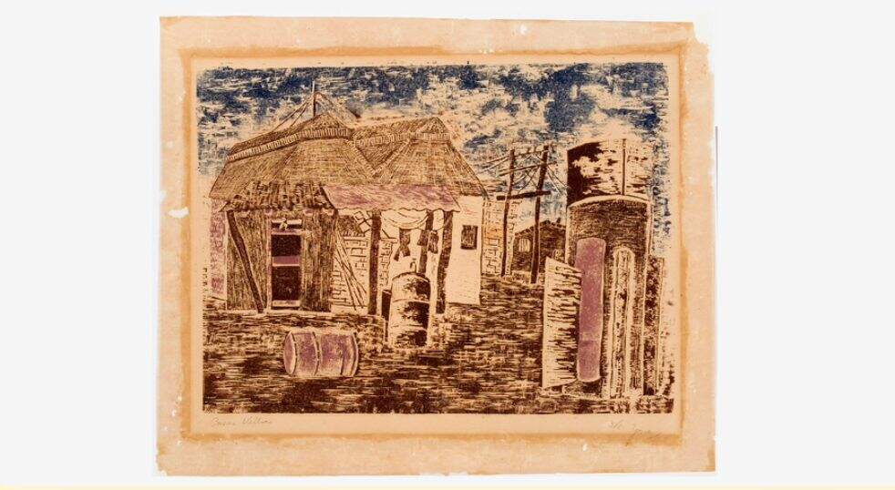 Obra Casas Velhas, de Yara Tubynambá. Gravura amarelada com desenho uma casa antiga. Tudo em tons terrosos