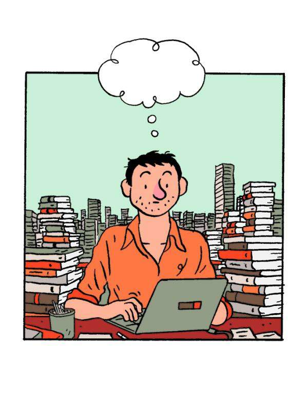 Ilustração de um homem escrevendo num computador, com vários livros empilhados em cima de várias mesas ao fundo. O homem tem cabelo liso preto e veste blusa social laranja. Acima dele um balão de pensamento em branco.