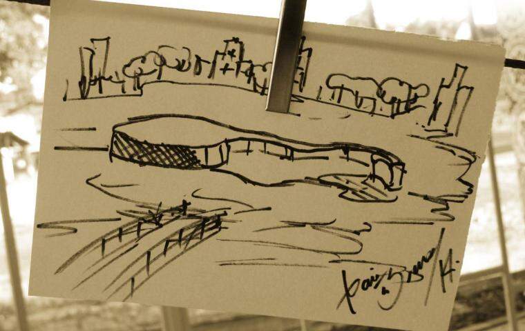 imagem mostra um desenho feito em papel branco e caneta preta de uma vista aérea da casa do baile