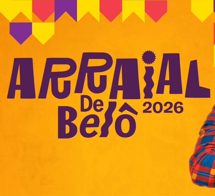 Imagem com bandeirinhas de arraial e a frase Arraial de Belô 2026