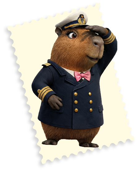 Capivara mascote vestida de comandante, batendo continência