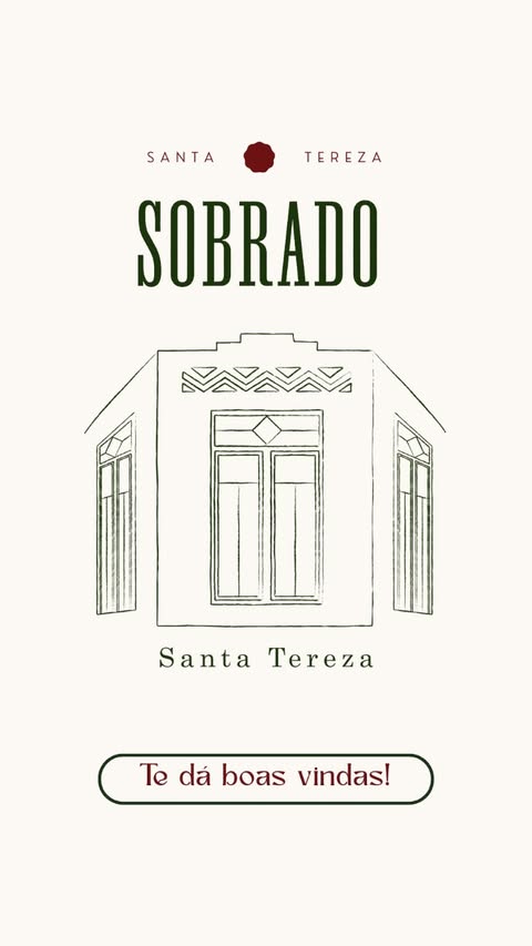 Foto da logo marca contendo o nome do estabelecimento em preto, a faichada desenhada em linhas e o fundo creme 