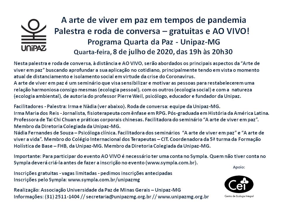 Palestra: A arte de viver em paz em tempos de pandemia