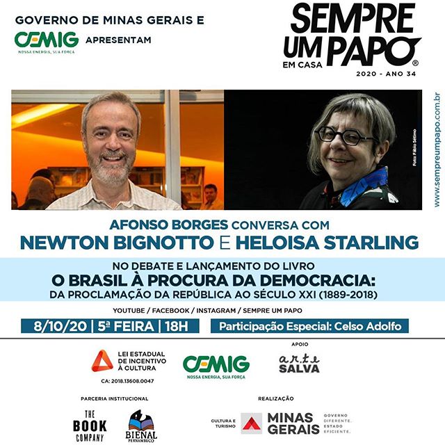 Reprodução/Instagram #SempreUmPapoEmCasa recebe Newton Bignotto e Heloisa Starling