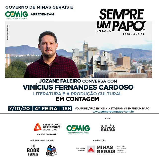 Reprodução/Instagram #SempreUmPapoEmCasa recebe o escritor Vinícius Fernandes Cardoso, de Contagem