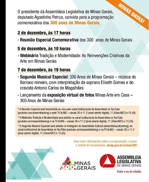 Programação dos 300 anos de Minas Gerais na Assembleia