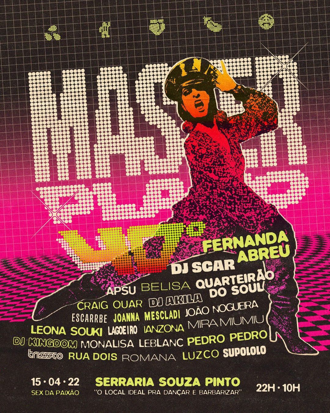 reprodução oficial Um encontro que à primeira vista pode parecer incomum, da música eletrônica com o popular funk é o que propõe o coletivo Masterplano para sua primeira festa de 2022. No dia 15 de abril, em plena sexta-feira da paixão, o grupo belo-horizontino reúne na Serraria Souza Pinto ícones do estilo, como a madrinha do funk carioca Fernanda Abreu – que comemora 30 anos de carreira com show inédito na cidade – o Quarteirão do Soul, movimento de resistência que ocupa as ruas de BH desde 2004 e o DJ Scar, mineiro, referê