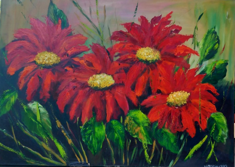 Tela com flores pintada no Centro Cultural Jardim Guanabara 