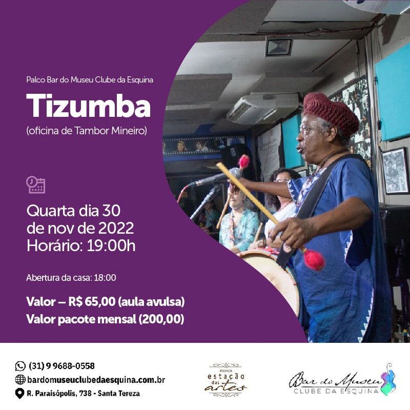 Oficina de Tambor Mineiro com Maurício Tizumba - Bar do Museu Clube da Esquina