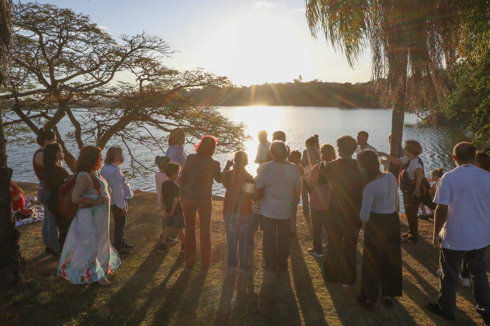 Grupo de pessoas, de costas para câmera, observam o pôr do sol. Eles estão de frente para lagoa, em pé em um gramado. Há arvores nas laterais da foto. 
