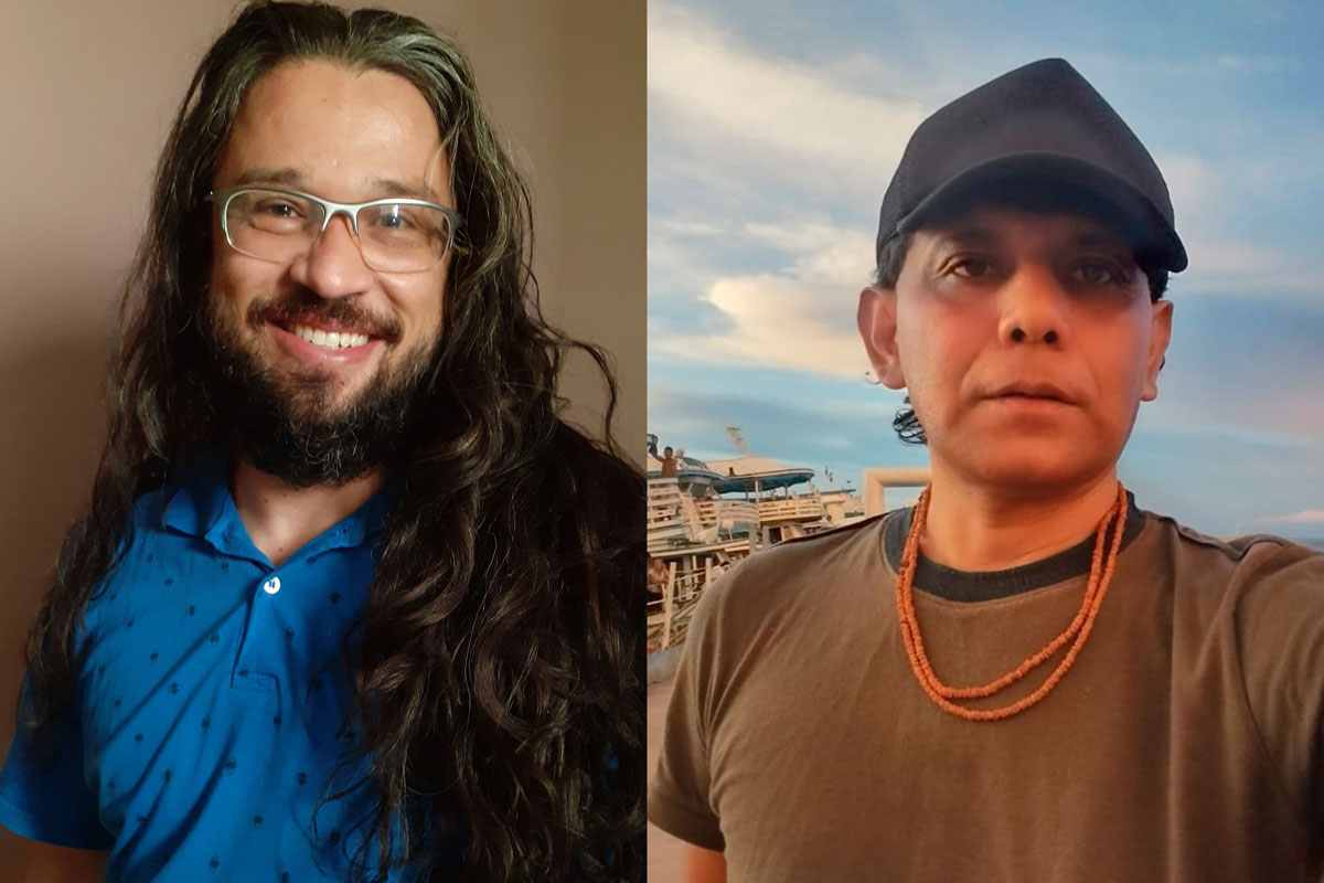 Foto Samuel: Homem branco, de cabelos escuros, compridos e ondulados e barba, usando óculos e camisa azul, olhando para frente e sorrindo. Foto Yaguarê: Homem usando boné e colar olha para frente, tendo ao fundo um rio e embarcações. 