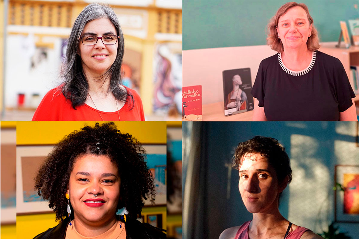 Acervo pessoal Ana Elisa: Mulher branca, de cabelos grisalhos, usando óculos e vestindo blusa vermelha, sorrindo. Carol: Mulher negra, jovem, sorrindo. Natália: Mulher jovem, de cabelos curtos, olhando para frente, com reflexos da luz externa, que entra pela janela e passa pela cortina, em seu rosto. Patrícia: Mulher branca, de cabelos claros, sorrindo discretamente.