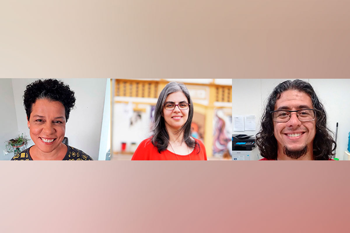 Ana Elisa: Mulher branca, de cabelos grisalhos, usando óculos e vestindo blusa vermelha, sorrindo. Dalva: Mulher negra, de cabelos curtos, sorrindo. Rodrigo: Homem branco, usando óculos, barba e cabelos longos, sorrindo.