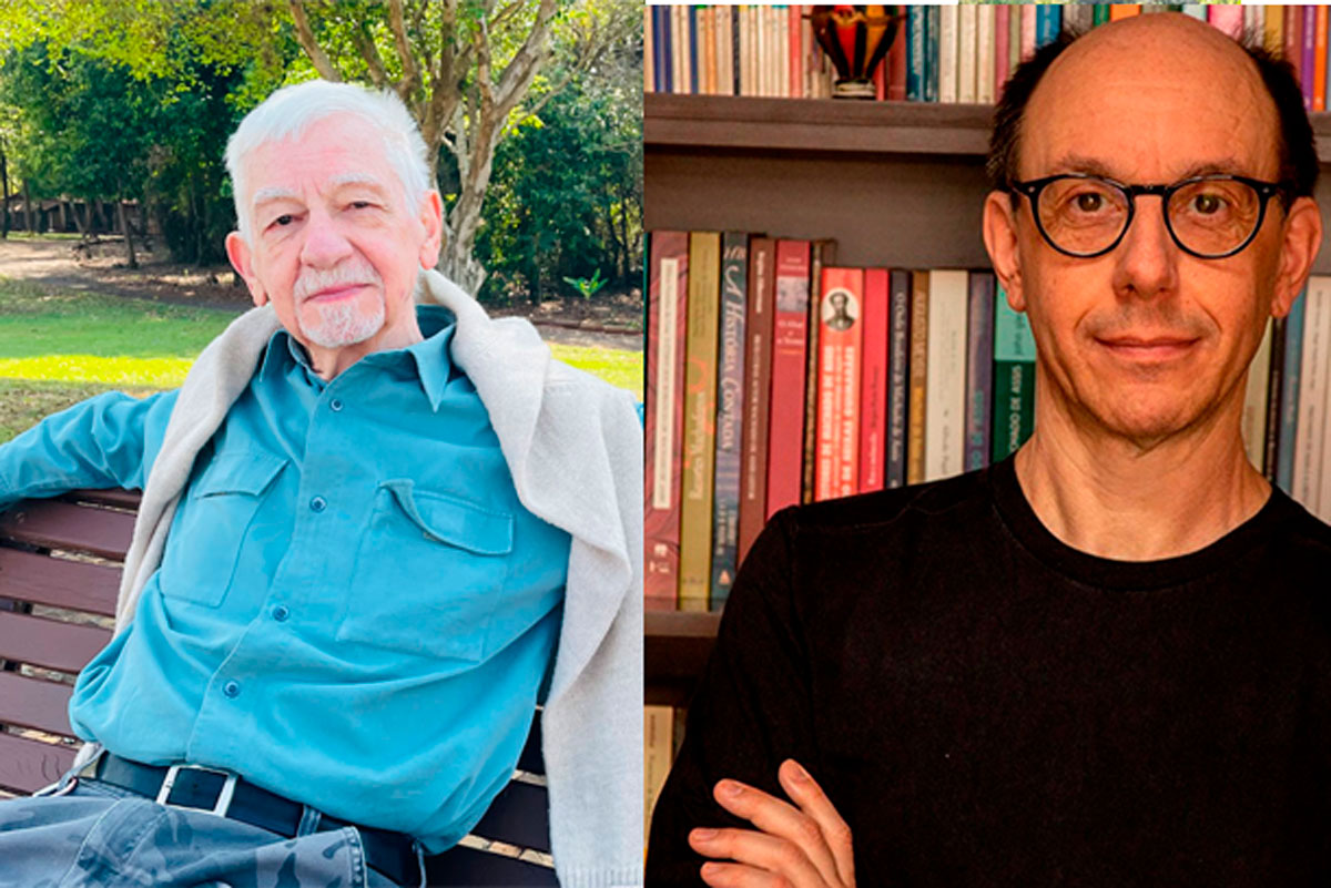 Foto 1: Homem branco, de cabelos brancos, sentado em um banco, com os braços abertos, tendo árvores ao fundo. Foto 2: Homem branco, calvo, usando óculos e camisa preta, tendo ao fundo uma estante de livros.