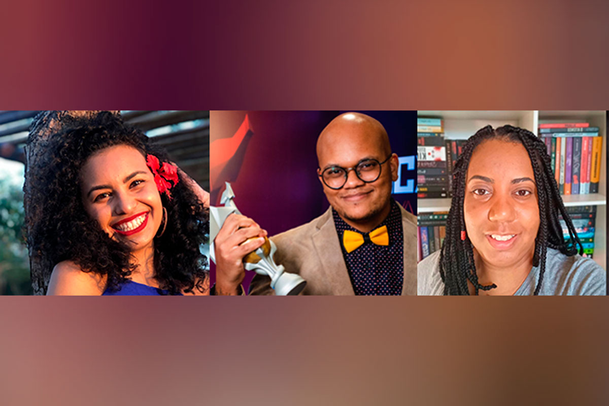 Acervo pessoal Jim: Homem negro, careca, usando óculos, paletó e gravata borboleta, segurando um troféu. Lavínia: Mulher negra, jovem, de cabelos cacheados, sorrindo. Letícia: Mulher negra, jovem, sorrindo discretamente.