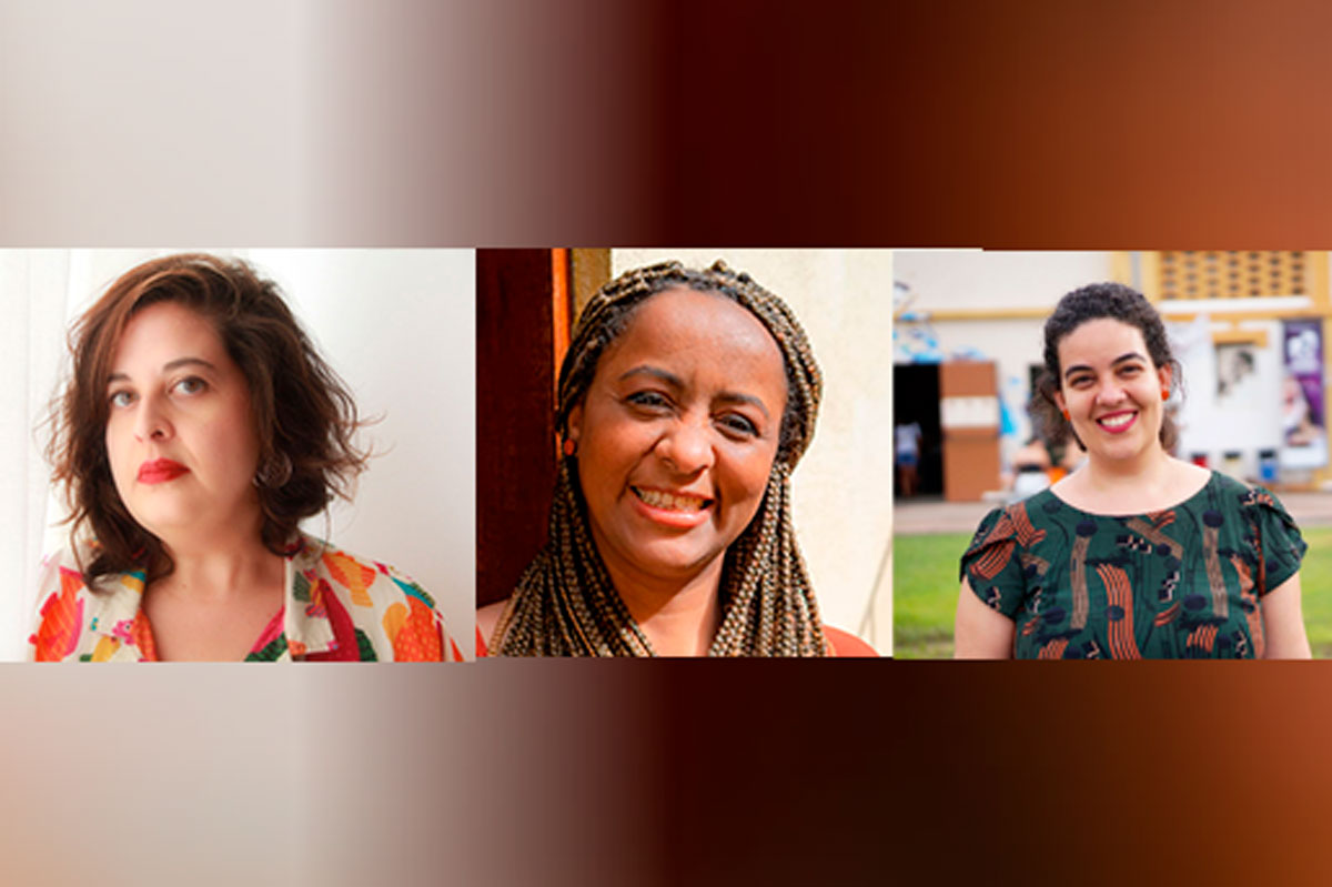 Cecília: Mulher de cabelos curtos e anelados, sorrindo. Lilia: Mulher negra, de cabelos longos e trançados, sorrindo. Laura: Mulher branca, de cabelos castanhos e lisos, com expressão séria.