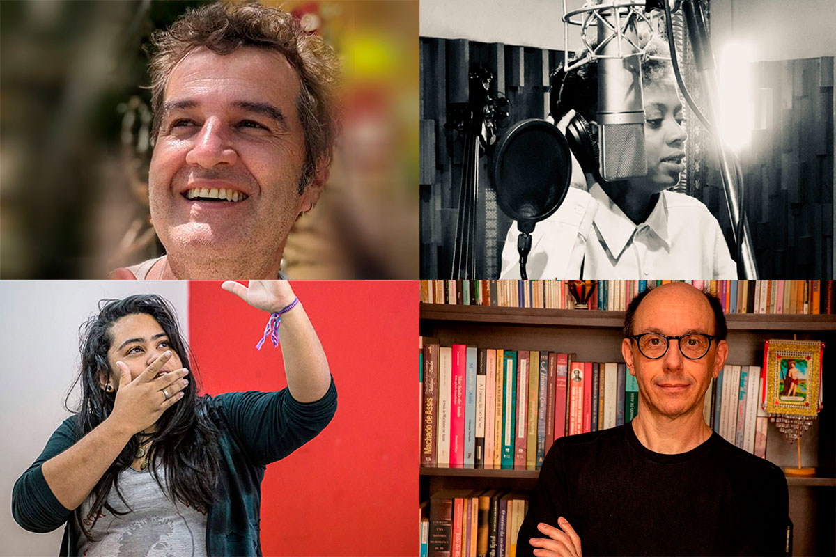 karine bassi: Mulher jovem, de cabelos longos, olhando para o alto. Sua mão direita está próxima ao rosto e a esquerda aponta para o alto. Ao fundo, parede majoritariamente vermelha, com parte de cor cinza. Menino Jazz: Homem jovem, negro, falando ao microfone. Fredy Antoniazzi: Homem branco, sorrindo, olhando para o alto. Luiz Morando: Homem branco, calvo, usando óculos e camisa preta, tendo ao fundo uma estante de livros.