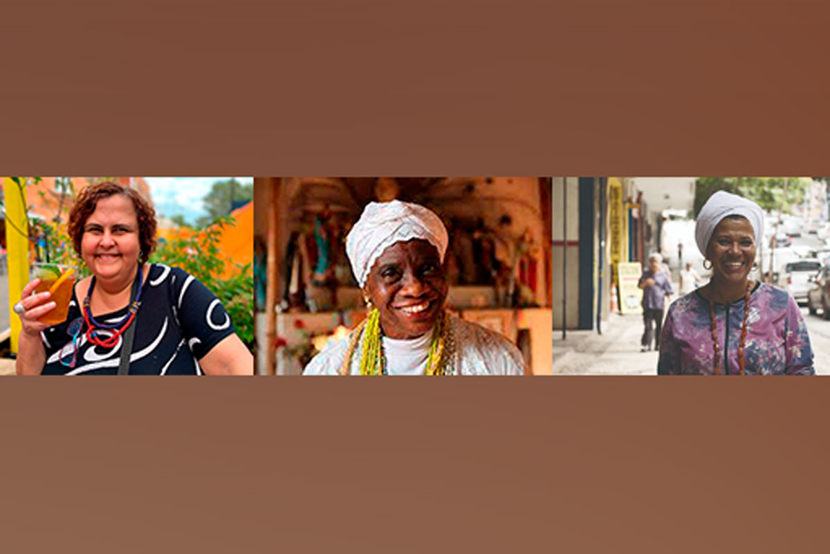 Pedrina: Mulher negra, usando turbante, sorrindo. Rafaela Lima: Mulher negra com turbante branco e her negraher de pele clara e cabelos curtos, com um copo na mão, sorrindo. Makota: Mulher negra com turbante sorrindo