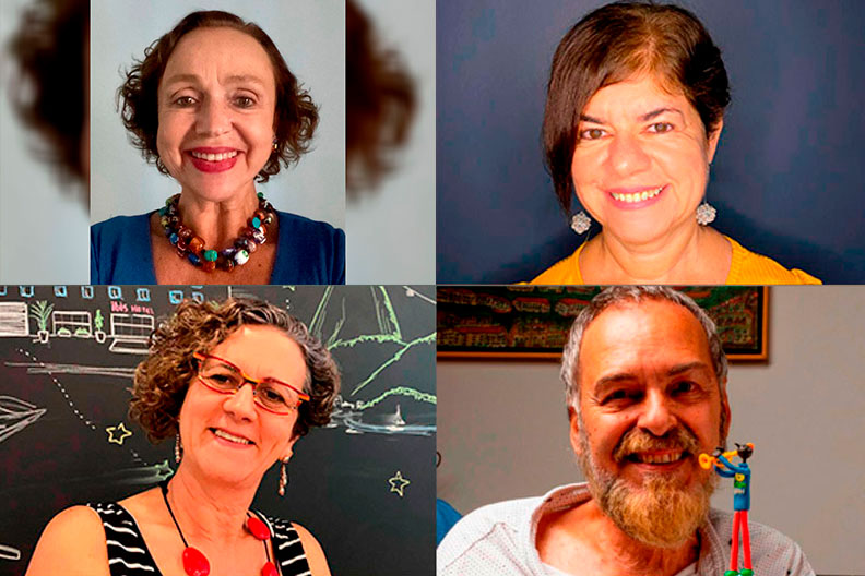 Marcelo: Homem branco, de barba, segura uma pilha de livros sobre os quais está um bonequinho de massinha. Cláudia: Mulher de pele clara e cabelos curtos, sorrindo. Lourdinha: Mulher de pele clara e cabelos curtos, usando óculos, sorrindo. Leida: Mulher de pele clara e cabelos curtos, sorrindo.