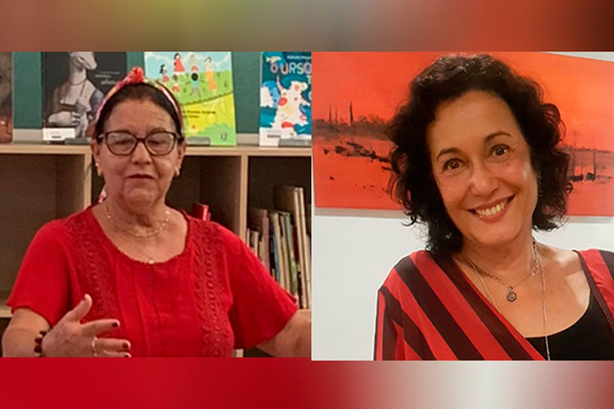 Maria Célia: Mulher de pele clara e cabelos escuros, sorrindo. Marly com Y: Mulher de pele clara, usando óculos, com os braços semiabertos.