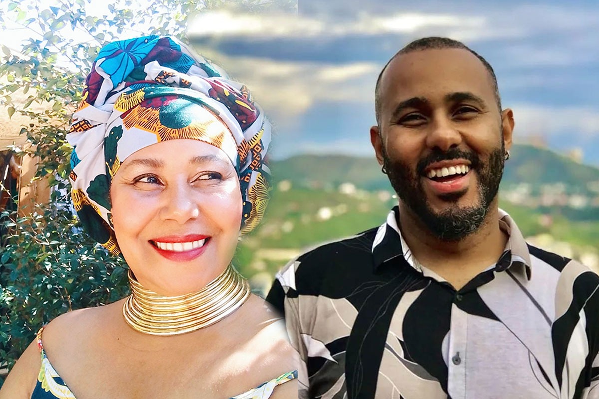 acervo pessoal Foto 1: Mulher negra, usando turbante colorido, sorrindo e olhando para o lado. Foto 2: Homem negro sorrindo, tendo a vista da cidade ao fundo.