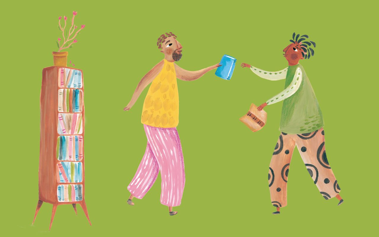 Dila Puccini Ilustração com dois jovens trocando livros.