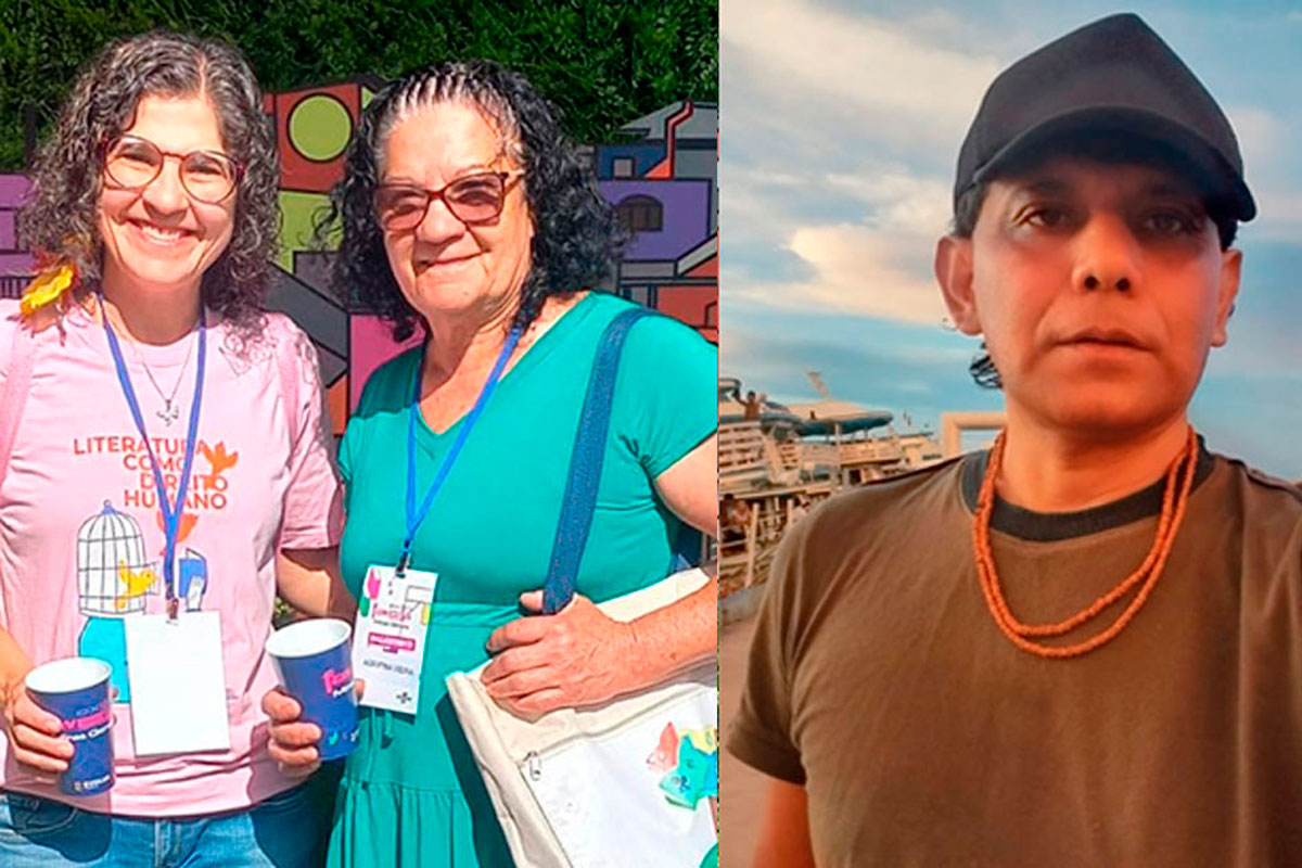 Acervo pessoal Homem usando boné e colar olha para frente, tendo ao fundo um rio e embarcações. (Yaguarê Yamã) Foto 2: Duas mulheres de pé, uma ao lado da outra. Isabel Cristina, à esquerda, e Agripina Vieira, à direita, tendo ao fundo um painel com imagens de casas de uma favela e plantas.