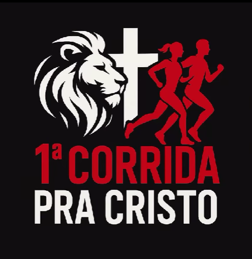 Imagem de um leão, uma cruz e um casal de corredores, em fundo preto com dizeres em vermelho e branco: 1ª Corrida pra Cristo