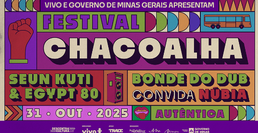 Imagem ilustrativa de um cartaz de divulgação do Festival Chacoalha, que acontecerá em 31 de outubro de 2025, na Autêntica. O cartaz tem cores vibrantes, ícones gráficos e estilo retrô.