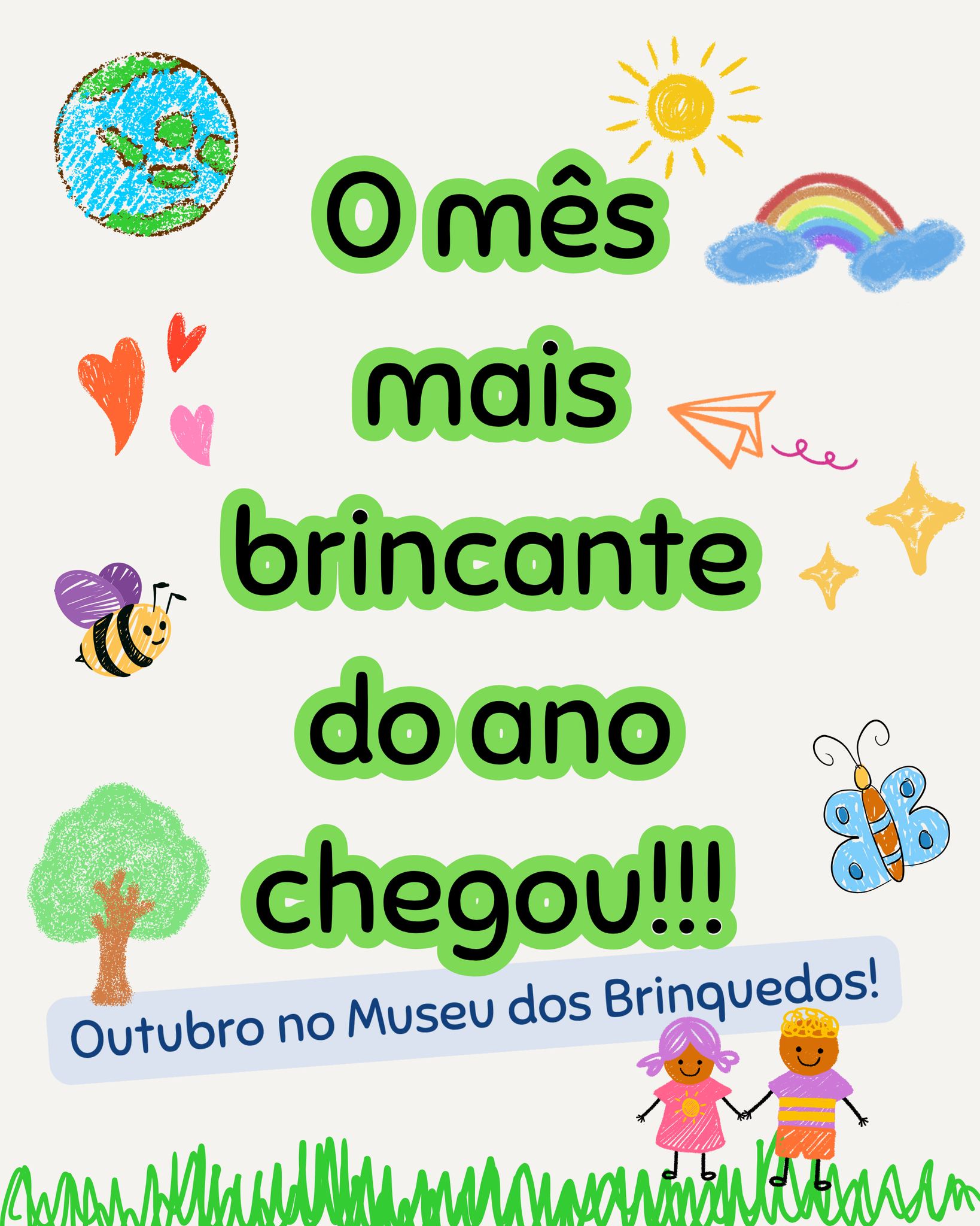 cartaz colorido com imagens que se referem a infância como corações, arco-íris, arvoré, borboleta, abelha, sol e outros elementos 