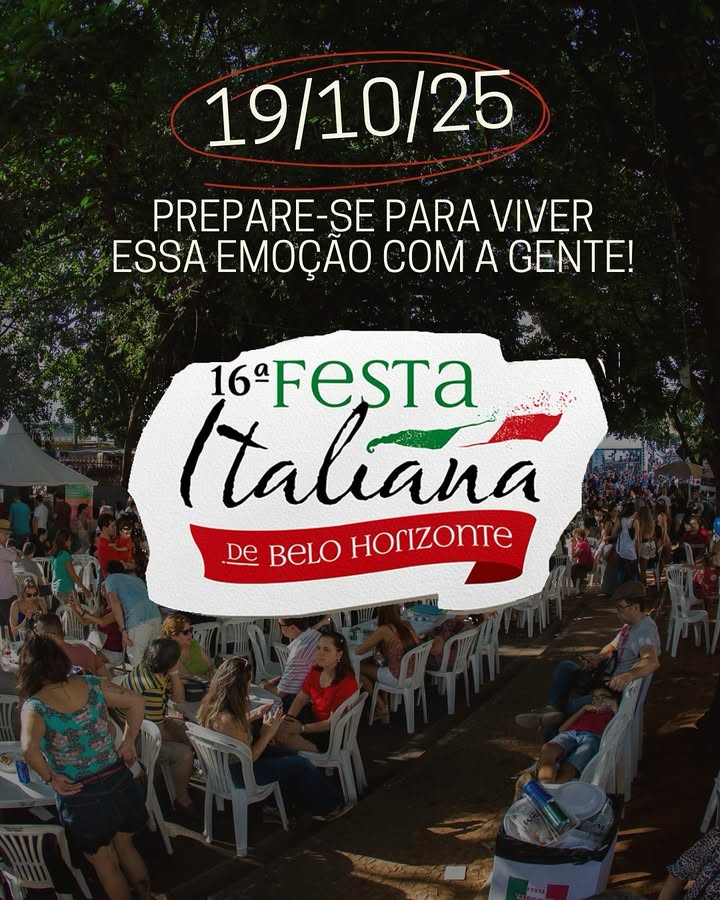 Cartaz de divulgação, ao fundo foto escurecida contendo pessoas na feira, o texto: "Prepare-se para viver essa emoção com a gente!" e "16º Festival Italiano de Belo Horizonte".