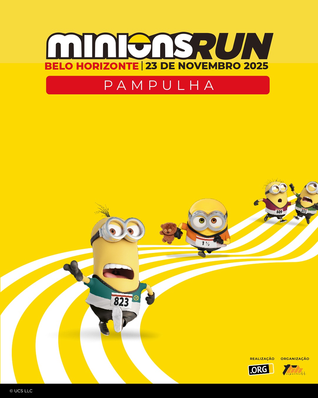 Imagem amarela, com titulo, data e local do evento. Bichinhos amarelos, com olhos arredondados correndo 