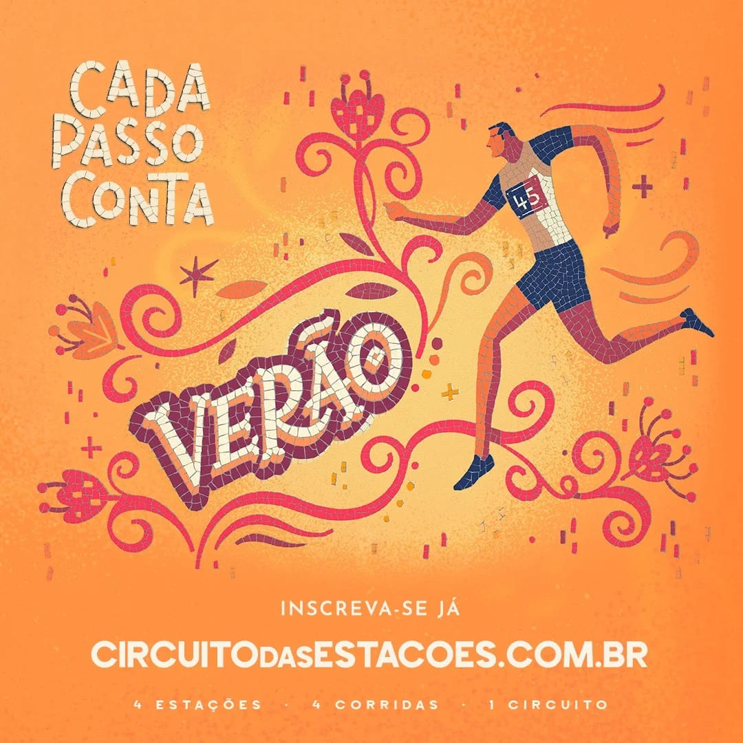 Imagem laranja com flores ao redor e um desenho de uma pessoa correndo