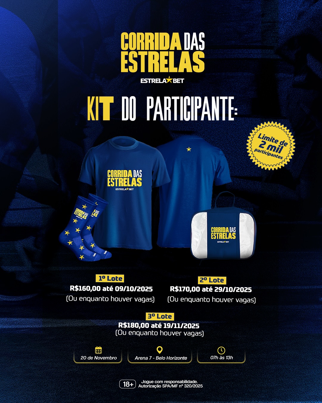 Imagem azul escuro, com o kit do participante, valor dos lotes, data e local do evento