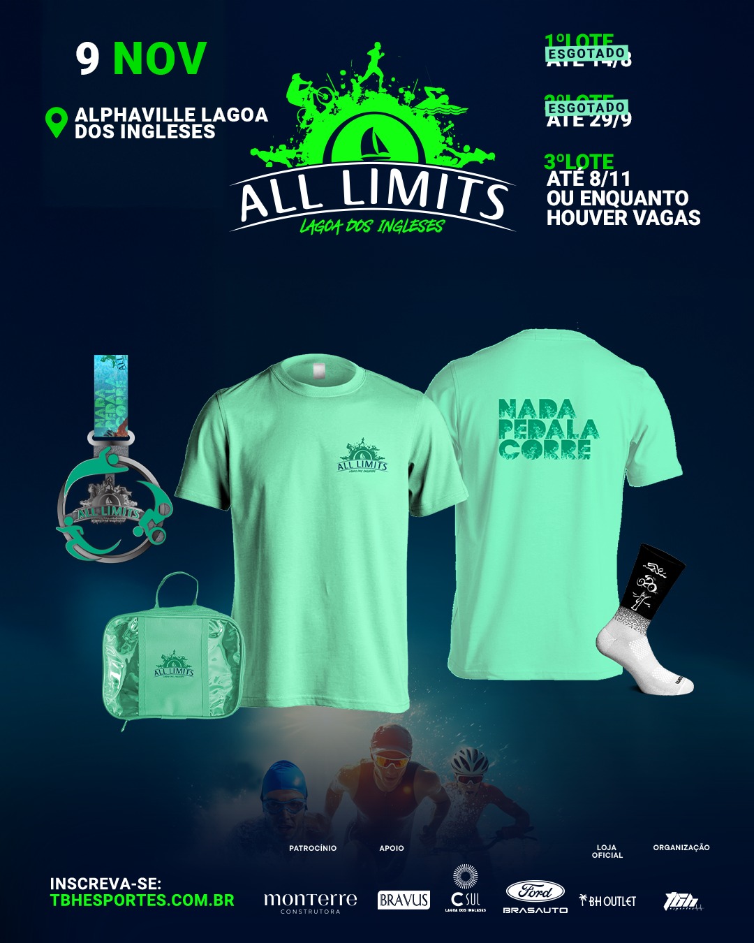 Imagem com o fundo escuro, com 2 blusas na cor verde, uma meia, necessaire e a medalha