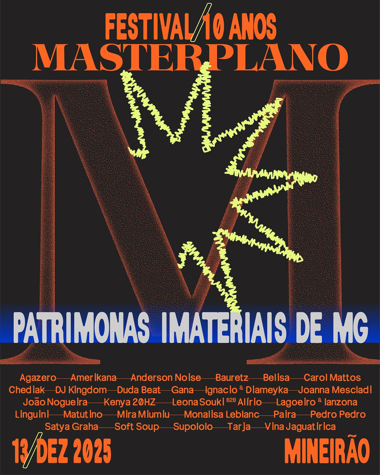 Imagem com as cores preta, laranja e azul, com o nome do evento e os artistas 