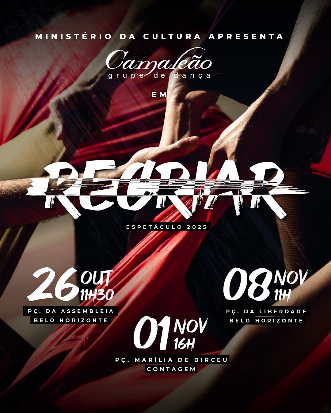 Imagem de fundo são varias mãos puxando alguns panos de cores vermelho e amarelo