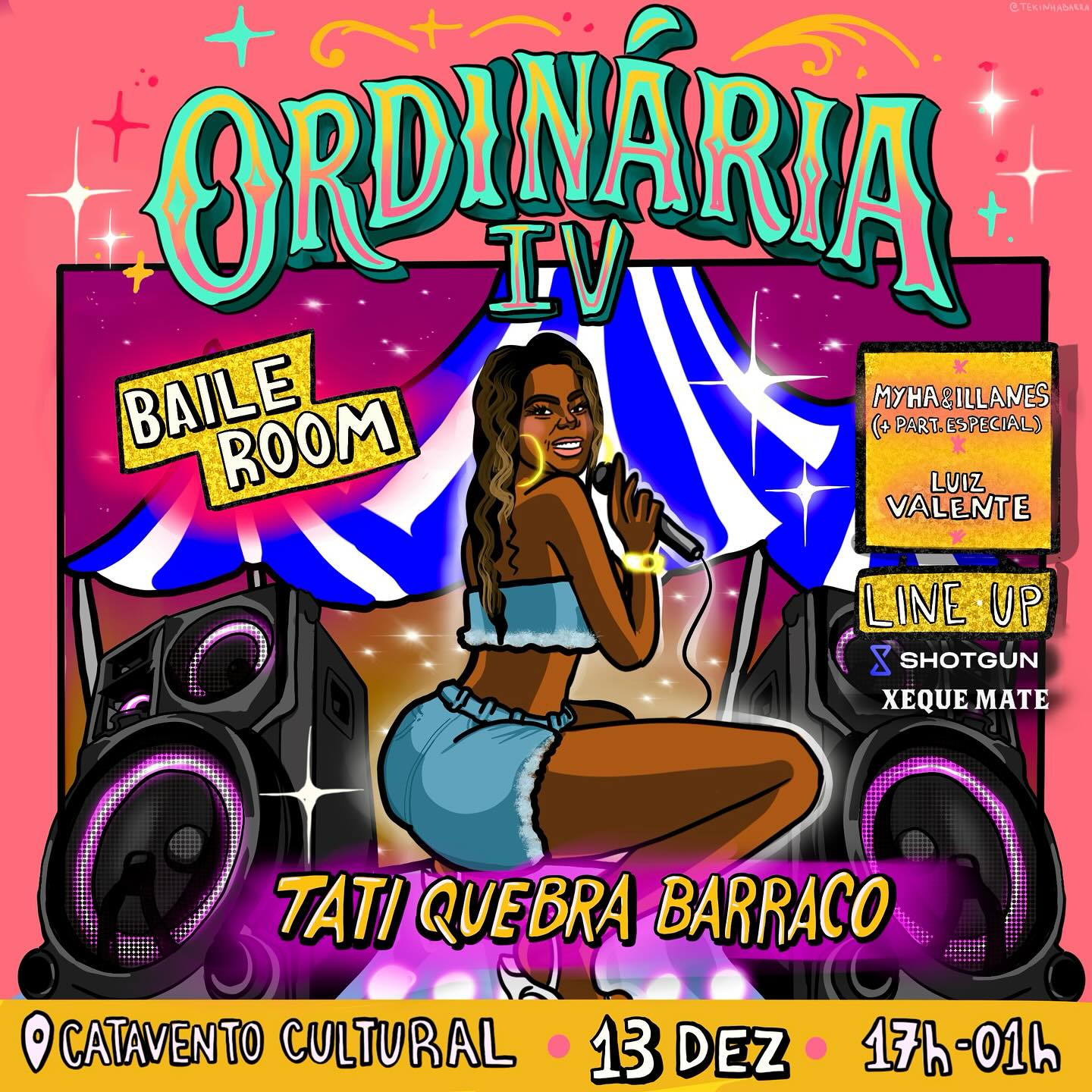 Imagem de fundo rosa, com um desenho de uma mulher dançando e caixas de som no fundo