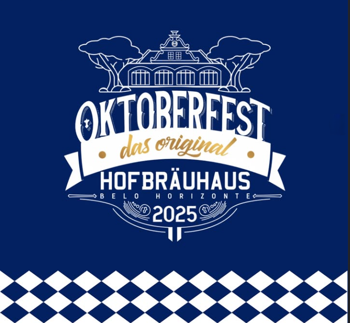 Desenho com traços brancos em fundo azul de uma casa com arvores no envolta e a logomarca do Hofbrauhaus convidando para o Oktoberfest