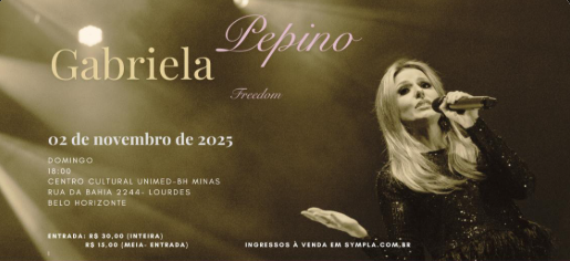 Imagem preto e branco, com uma mulher cantando com o microfone na mão. Ao lado tem o nome do show, data e local