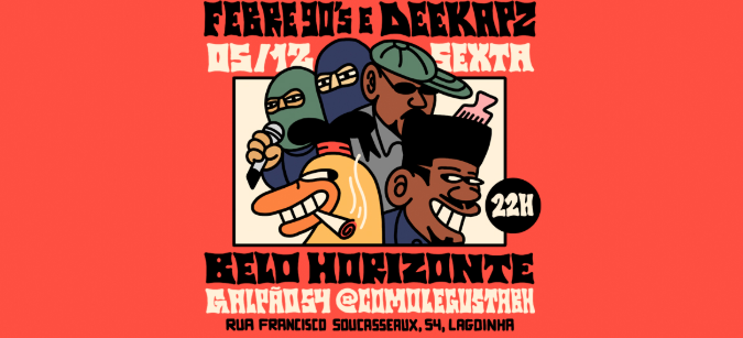 Imagem com o fundo vermelho, quatro desenhos de homens e um pato com um cigarro na boca