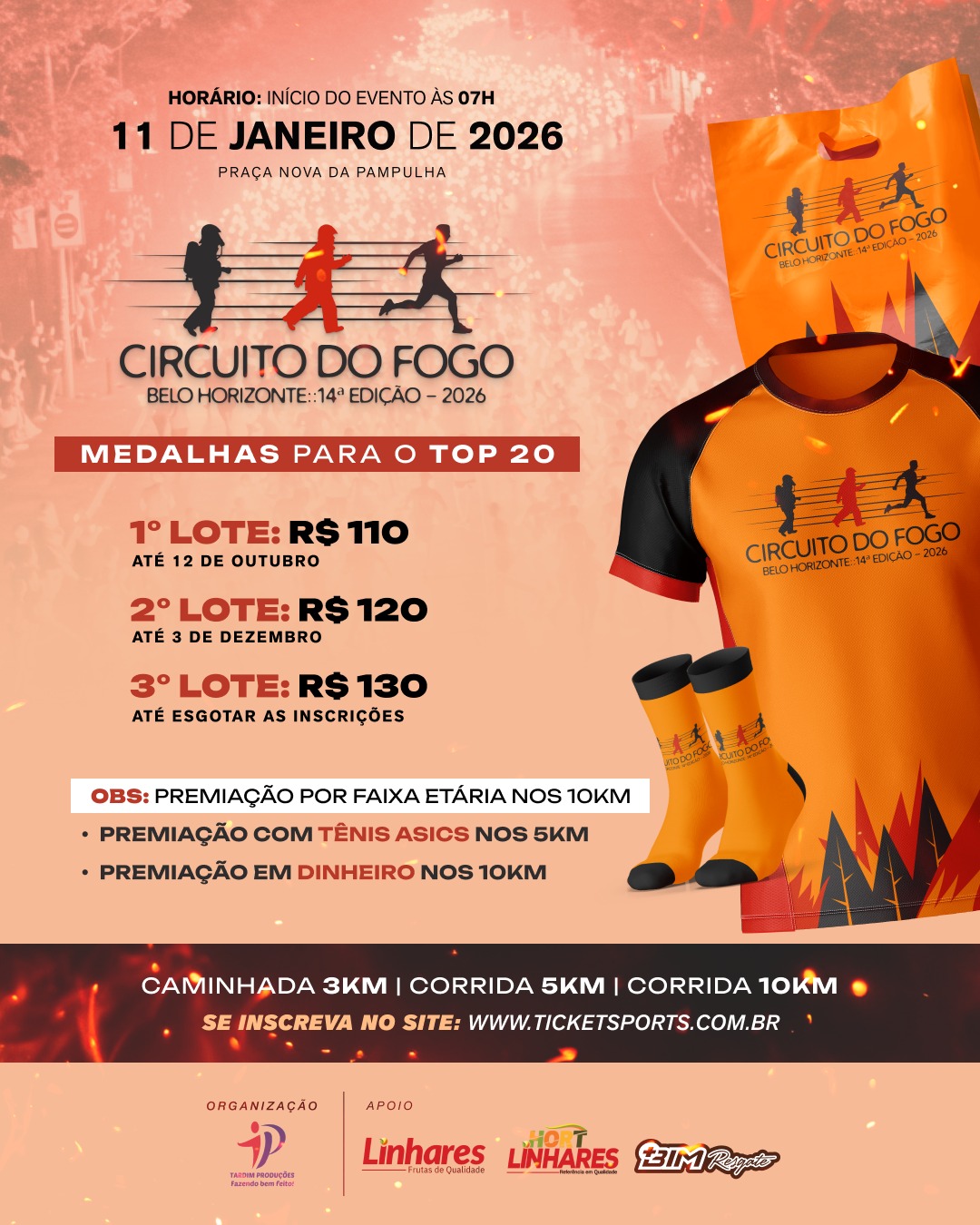 Flyer de divulgação da 14ª edição do Circuito do Fogo - fundo laranja com informações sobre o evento: data, local, lotes de inscrição e imagem do kit de participação