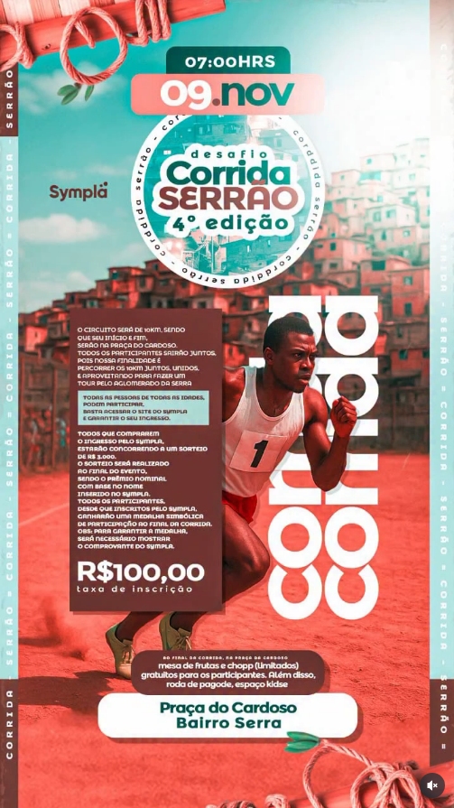 Flyer de divulgação com imagem do Aglomerado da Serra ao fundo, foto de um corredor com camiseta branca número 1 e informações sobre o evento Corrida Serrão 4ª edição.