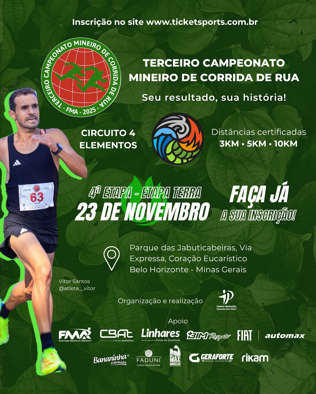 Flyer Terceiro Campeonato Mineiro de Corrida de Rua - 4ª etapa - fundo verde com foto de um corredor e informações sobre o evento em branco