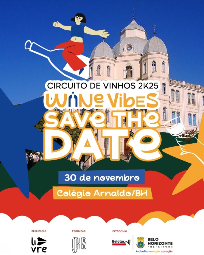 Reprodução: Instagram Poster ilustrado do evento "Circuito de Vinhos 2k25 - Wine Vibes" - com fundo azul e ilustração de uma mulher voando em cima da