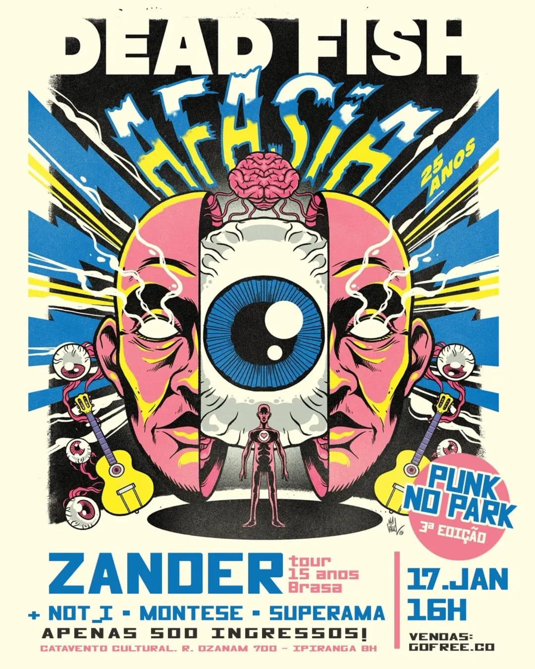 Imagem de uma cabeca partida ao meio, com um olho gigante saindo dela. instrumentos musicais em volta, raios e olhos em volta.