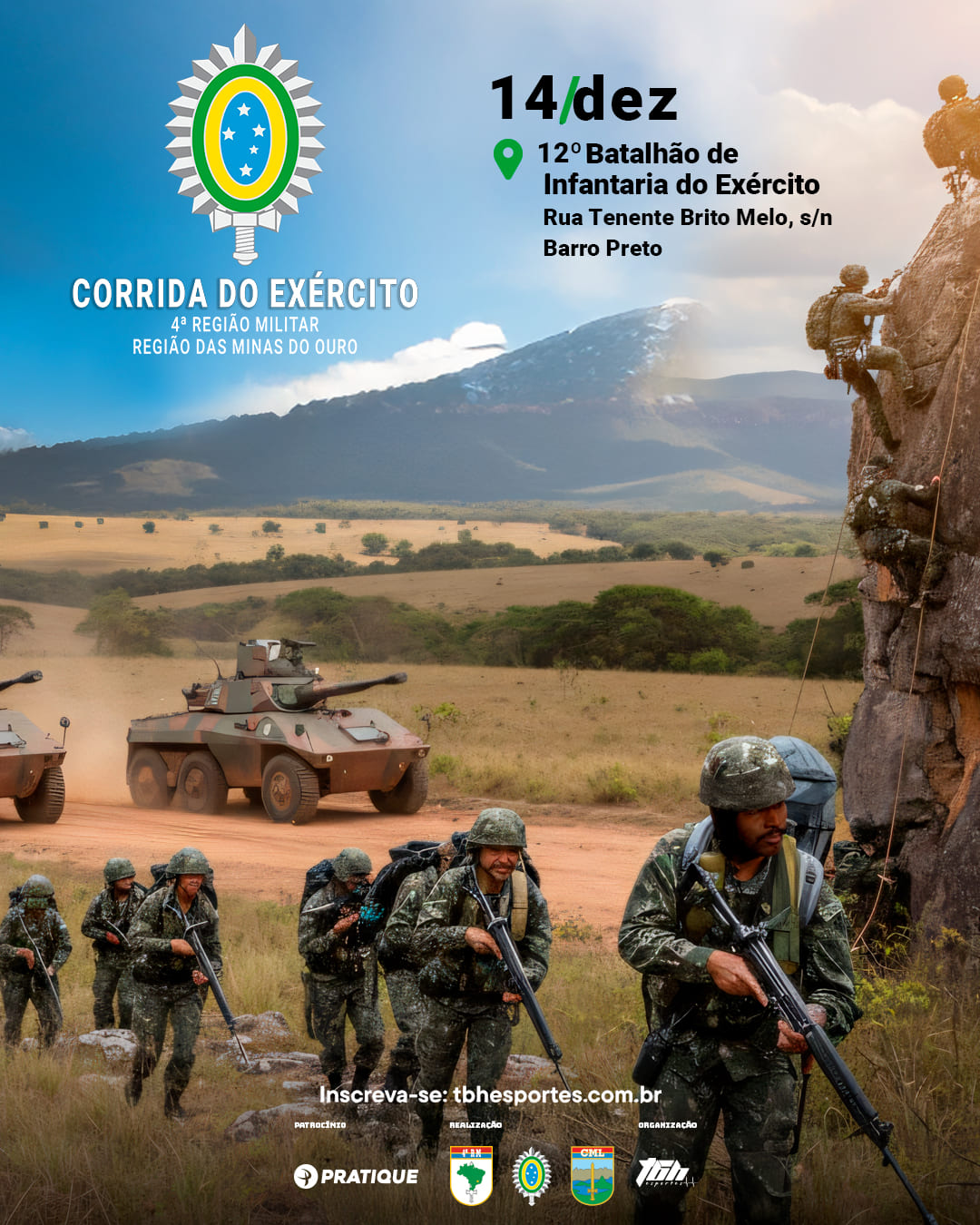 Imagem de homens usando farda, com armas na mão, com tanque da guerra atras